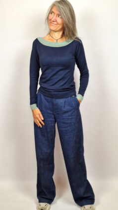 zilch-bamboe-top-boatneck-two-tone-navy-nice-things-broek-denim-pleats-dark-blue